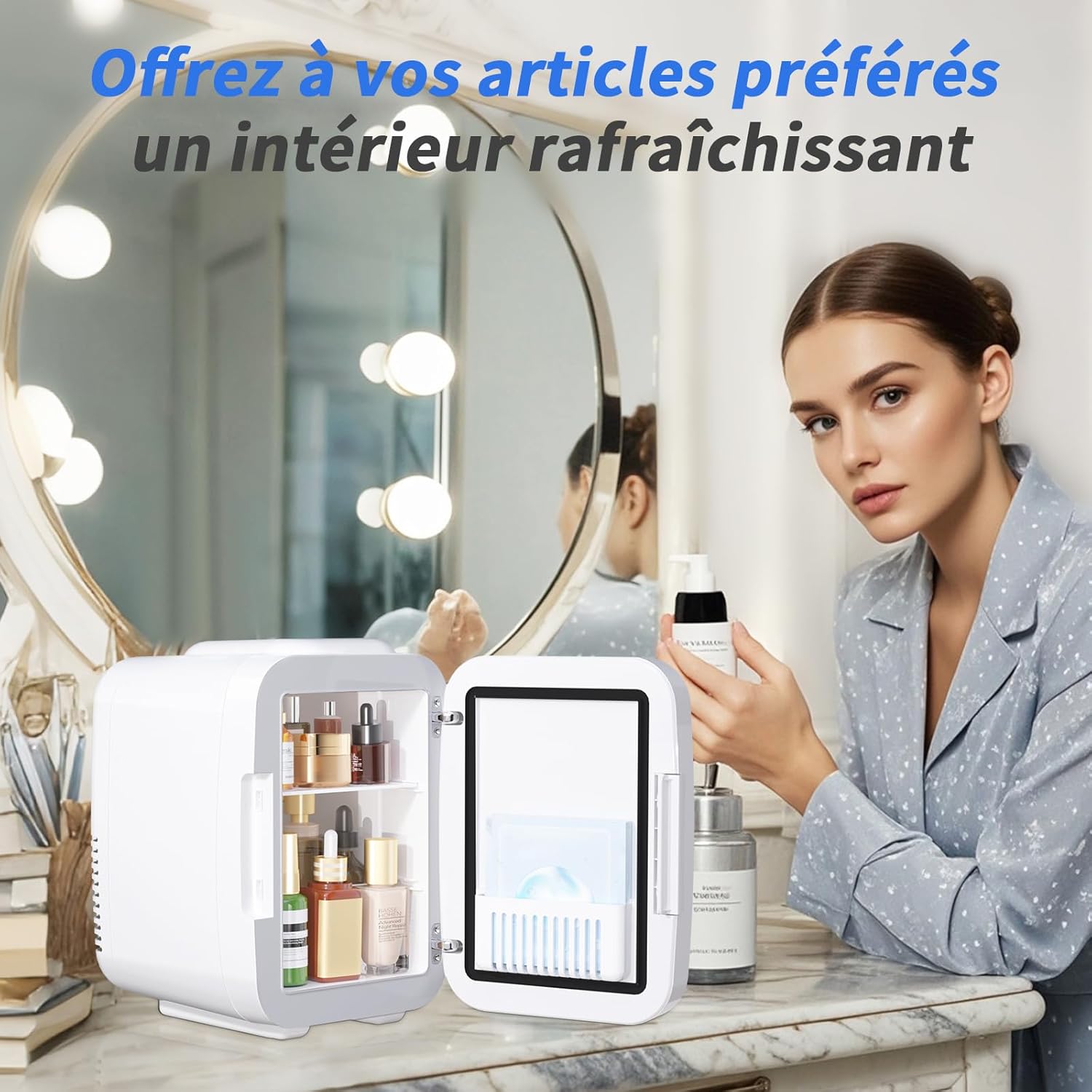 YASHE mini lednice 4L se zrcadlem modrá chlazení i ohřev