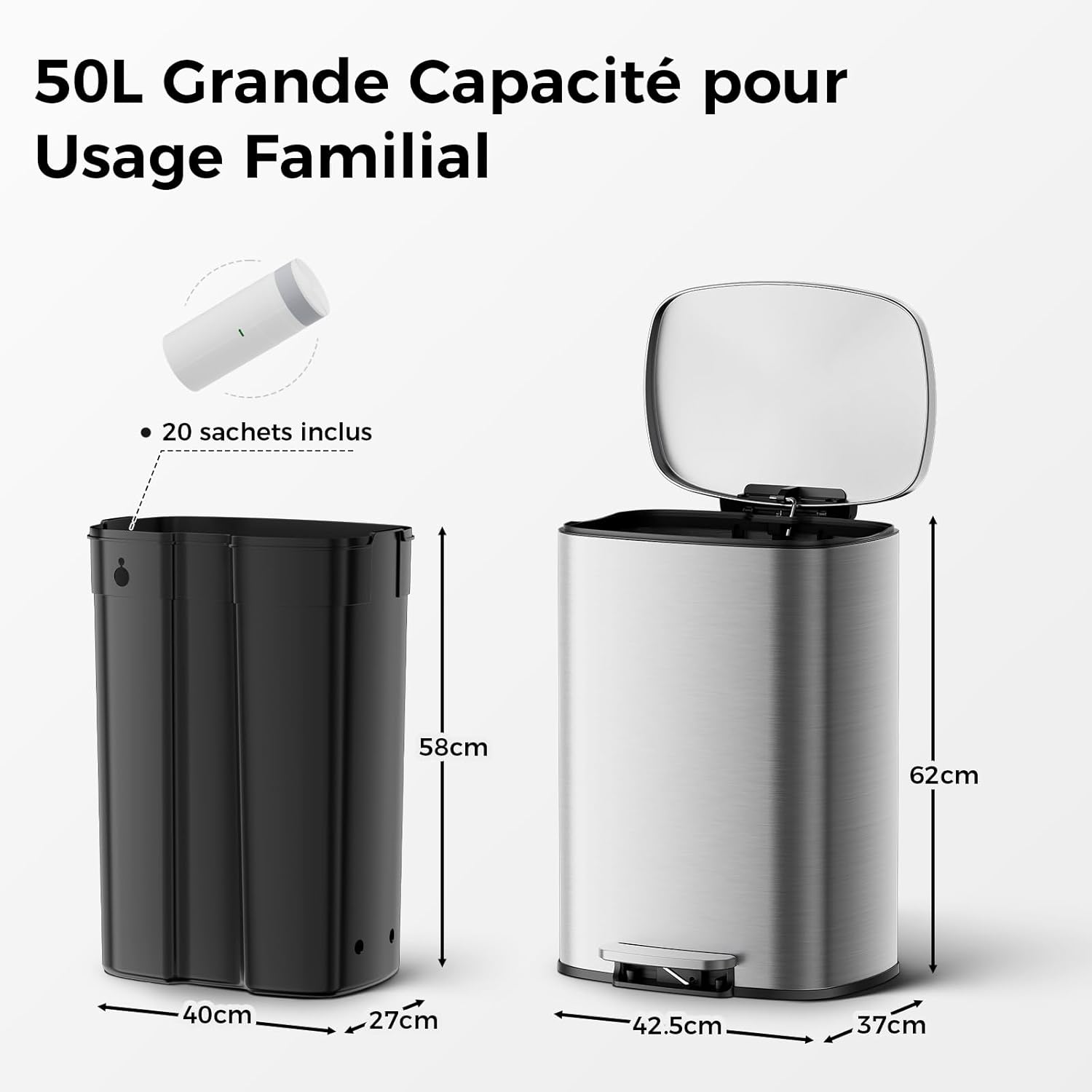 YASHE nášlapný koš na odpad 50 l nerez + 20 sáčků