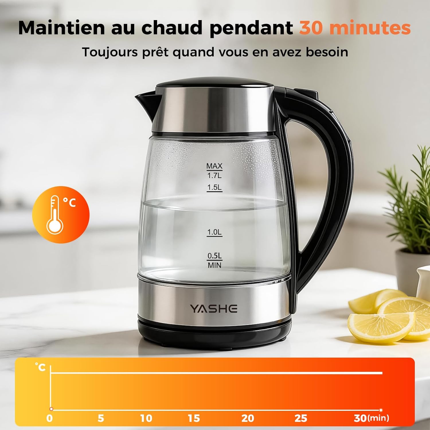 YASHE skleněná rychlovarná konvice 1,7 l s regulací teploty
