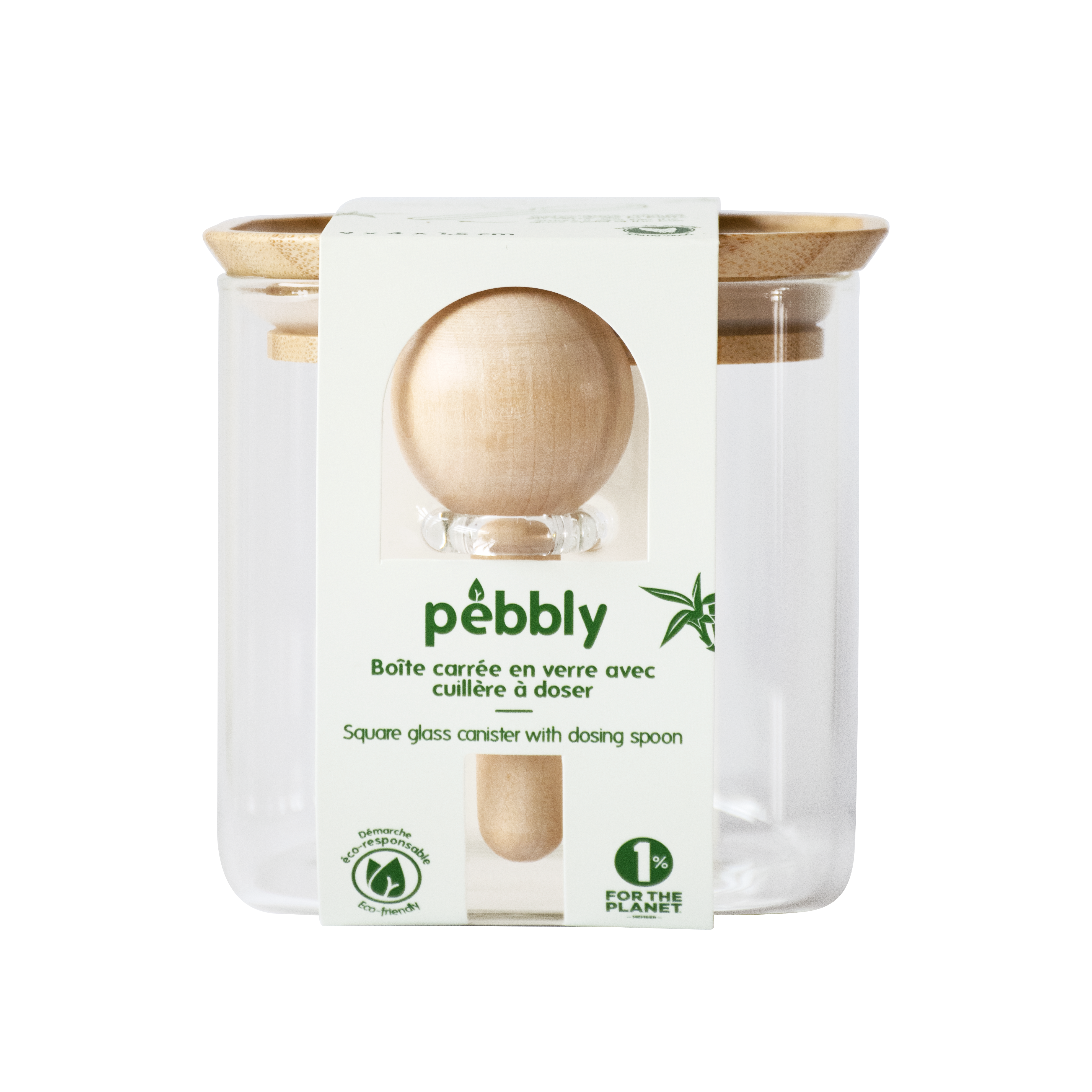 Pebbly skleněná dóza s bambusovým víkem a lžičkou 800 ml