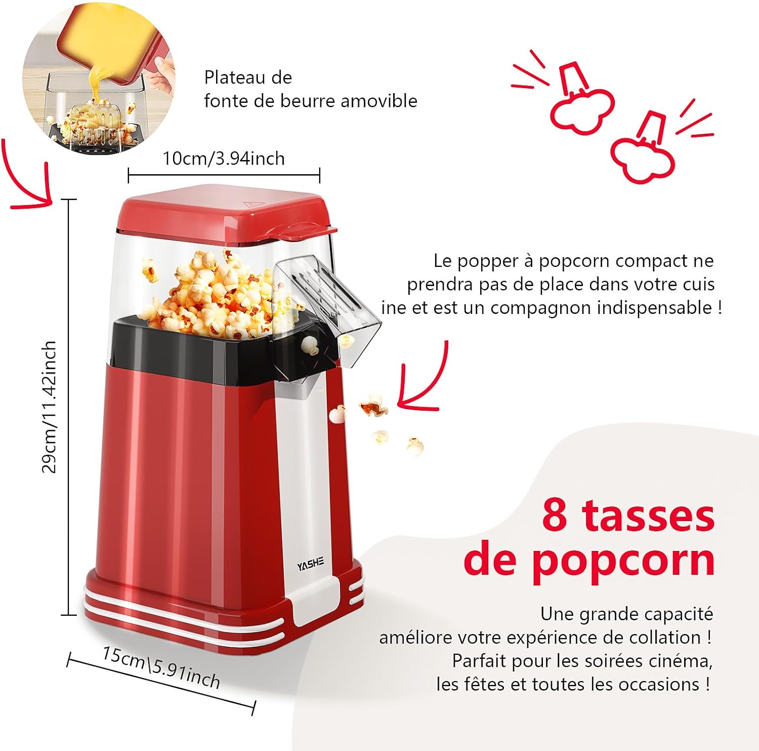 YASHE horkovzdušný popcornovač 1200 W retro