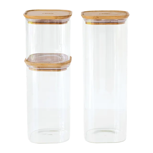 Pebbly Pantry skleněné dózy s bambusovým víkem 3 ks hranaté