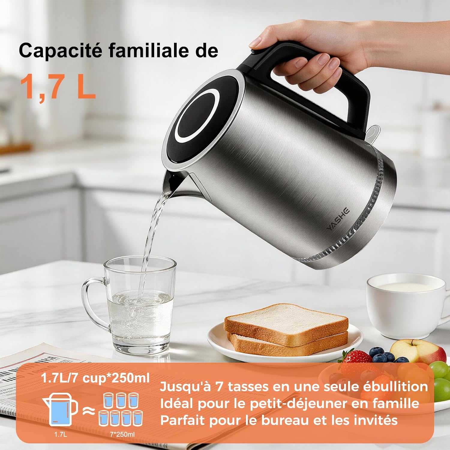 YASHE rychlovarná konvice 1,7 l nerez 2200 W