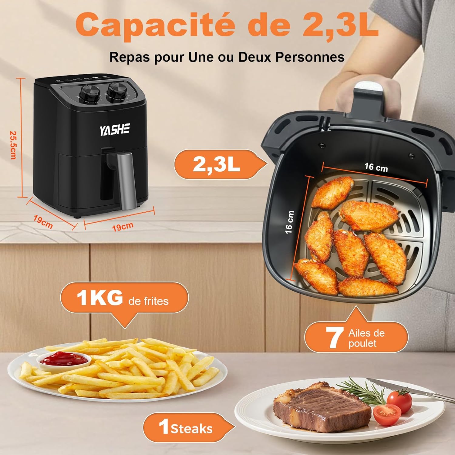 YASHE horkovzdušná fritéza 2,3 l pro 2 osoby nerez