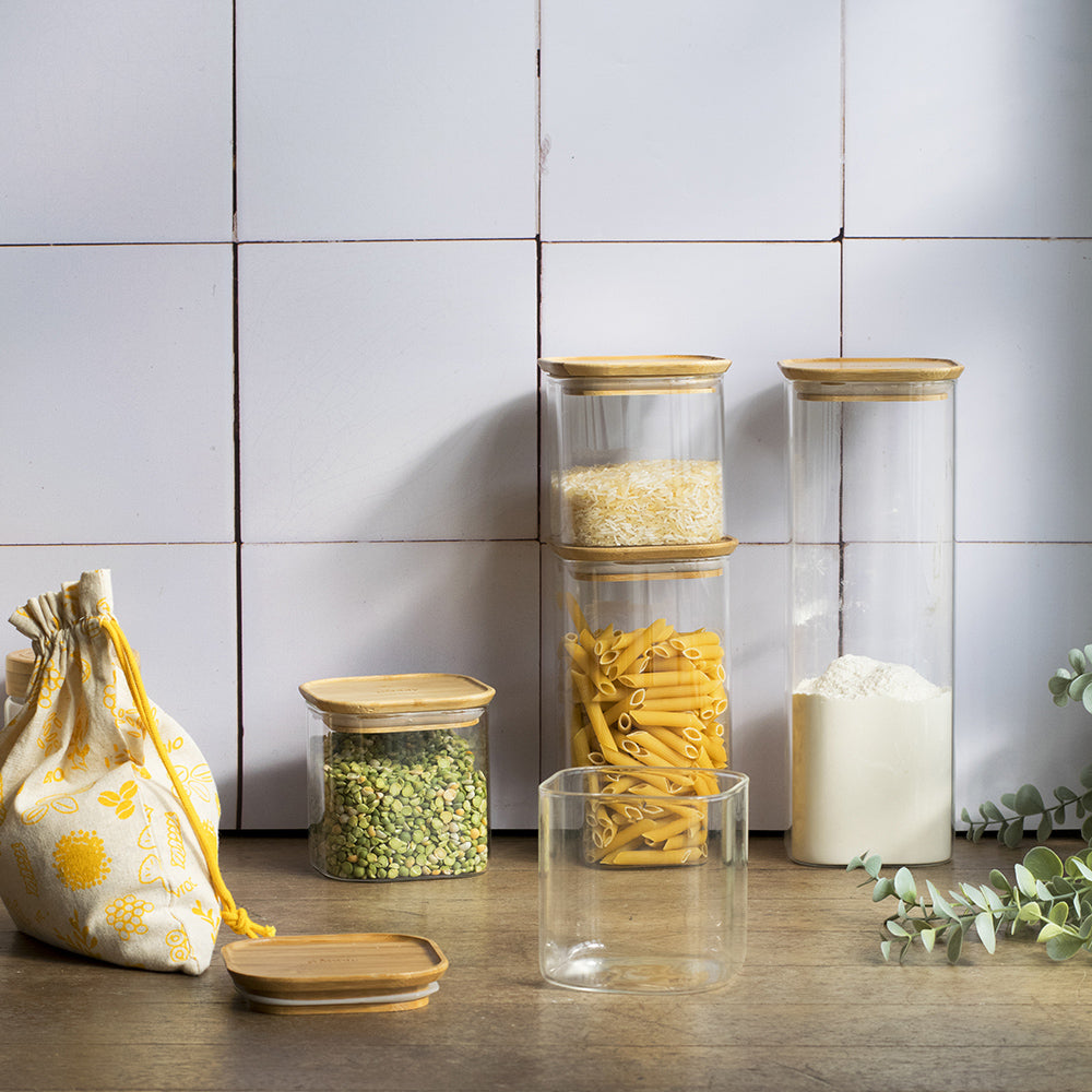 Pebbly Pantry skleněné dózy s bambusovým víkem 3 ks hranaté