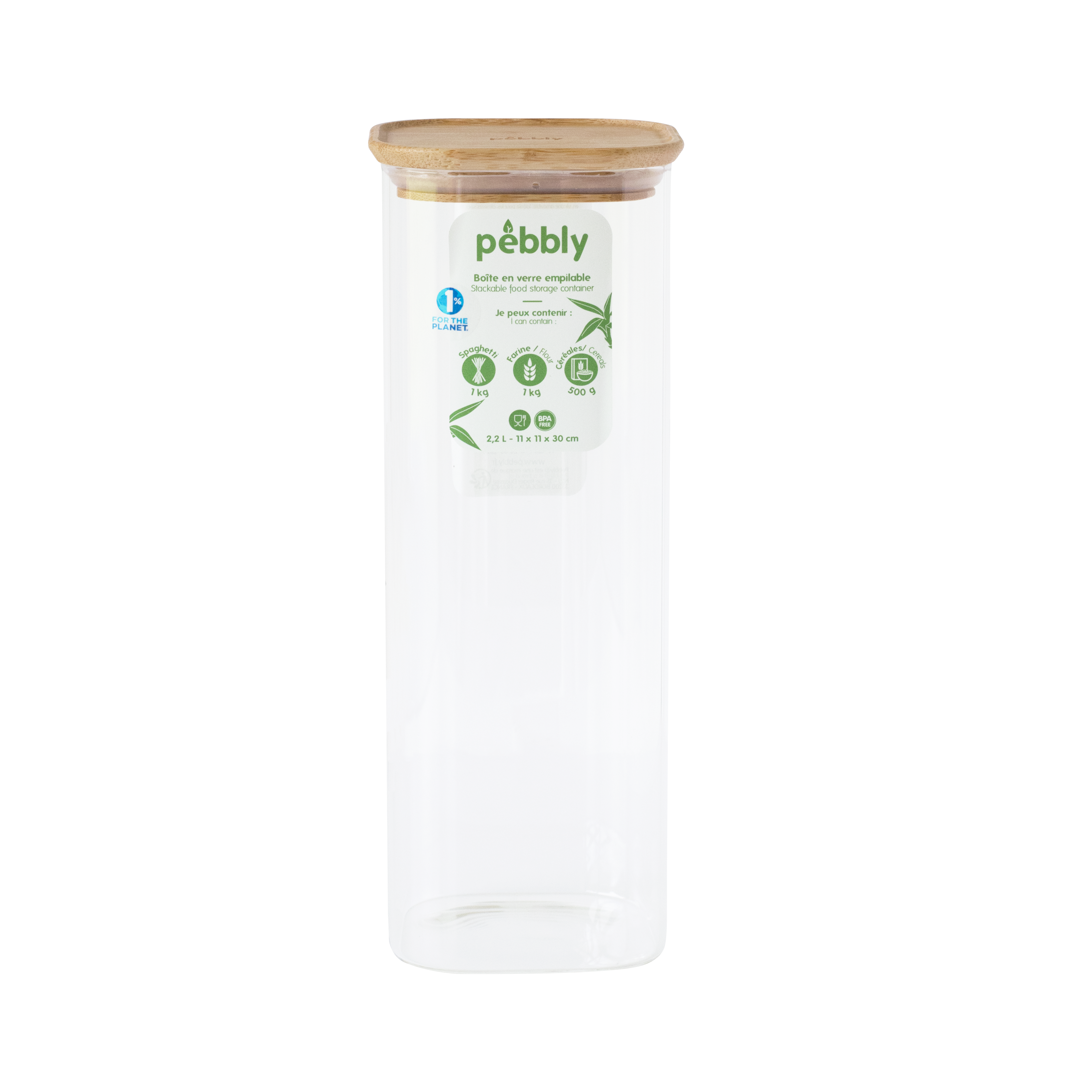 Pebbly dóza skleněná s bambusovým víkem stohovatelná