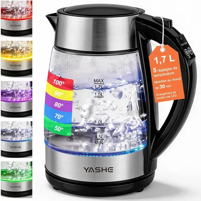 YASHE skleněná rychlovarná konvice 1,7 l s regulací teploty