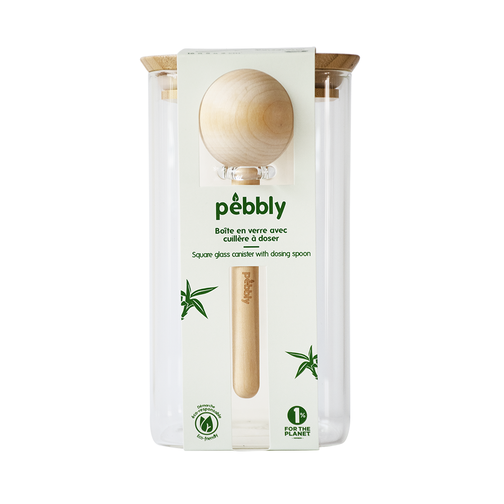 Pebbly skleněná dóza s bambusovým víkem a lžičkou 800 ml